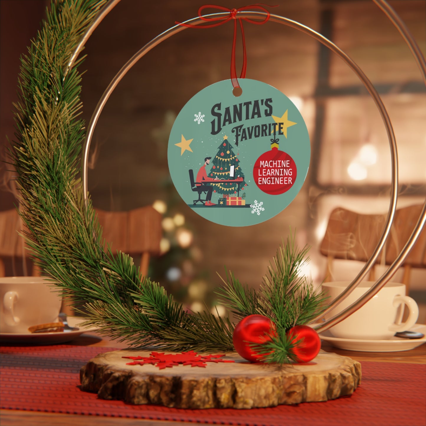 Santa's Favorite Machine Learning Engineer Christmas Holiday 3.5" Round Metal Ornament with Ribbon