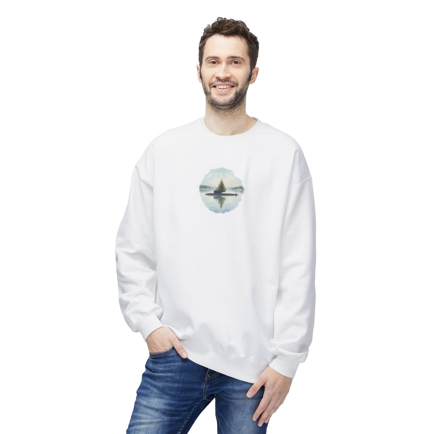 Christmas in Groton, CT Fleece Crewneck Sweatshirt  - Submarine with Xmas Tree in Harbor, Local's Gift