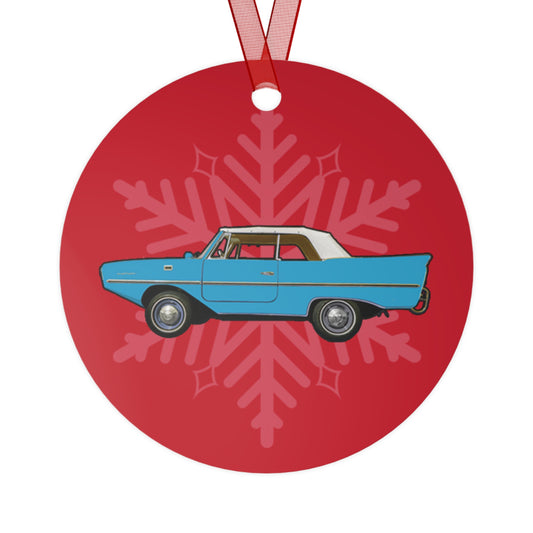 Lagoon Blue Amphicar 770 Red Background Christmas Holiday 3.5" Round Metal Ornament with Red Ribbon