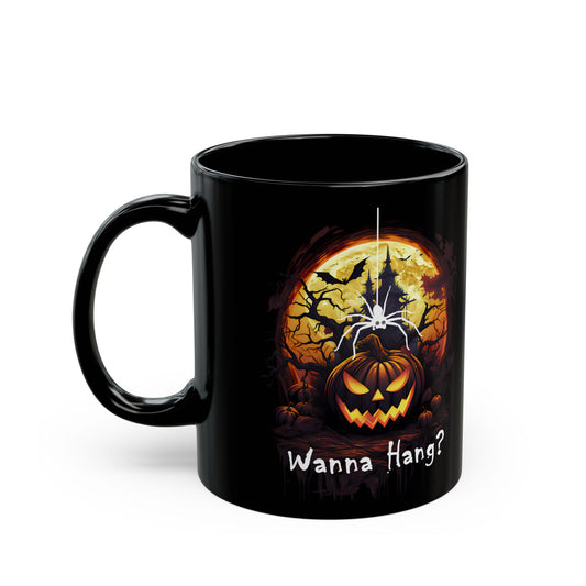 Spooky Halloween Mug - "Wanna Hang?" Spider Black Coffee Cup for Fall Celebrations, Gift, Party Decor, Halloween Lovers