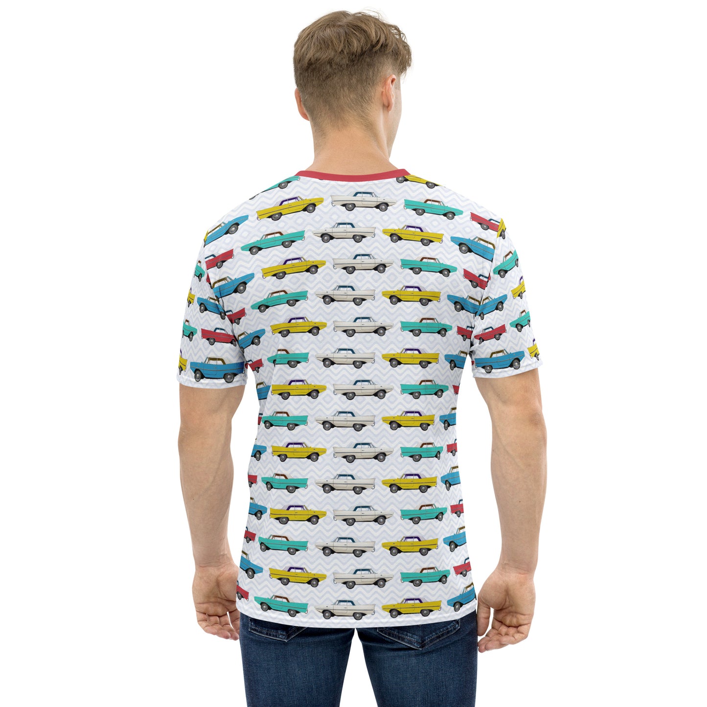 Amphicar - The Car That Swims All-over-print Red Collar Men's T-shirt for Swim-ins and Car Shows