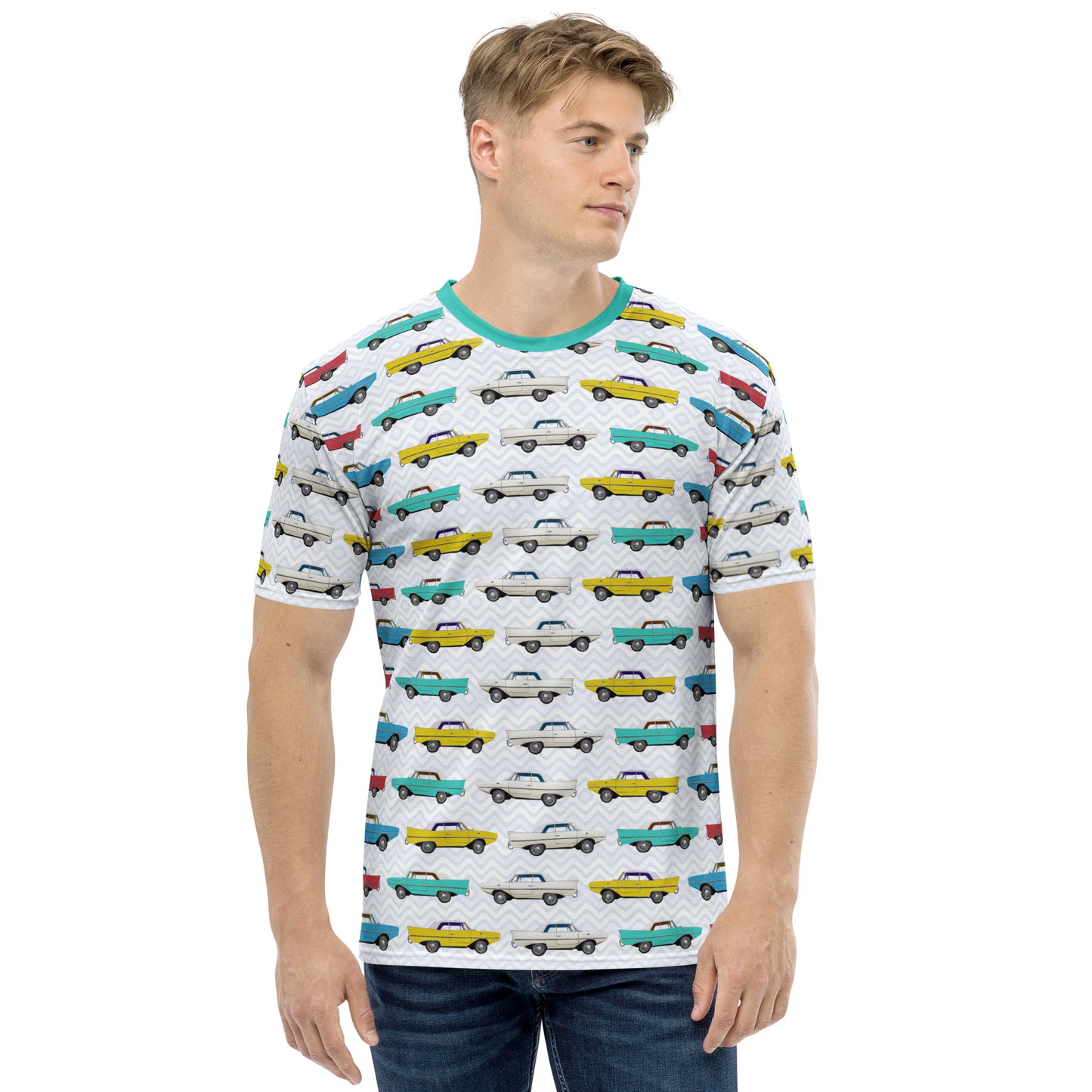 Amphicar - The Car That Swims All-over-print Turquoise Collar Men's T-shirt for Swim-ins and Car Shows