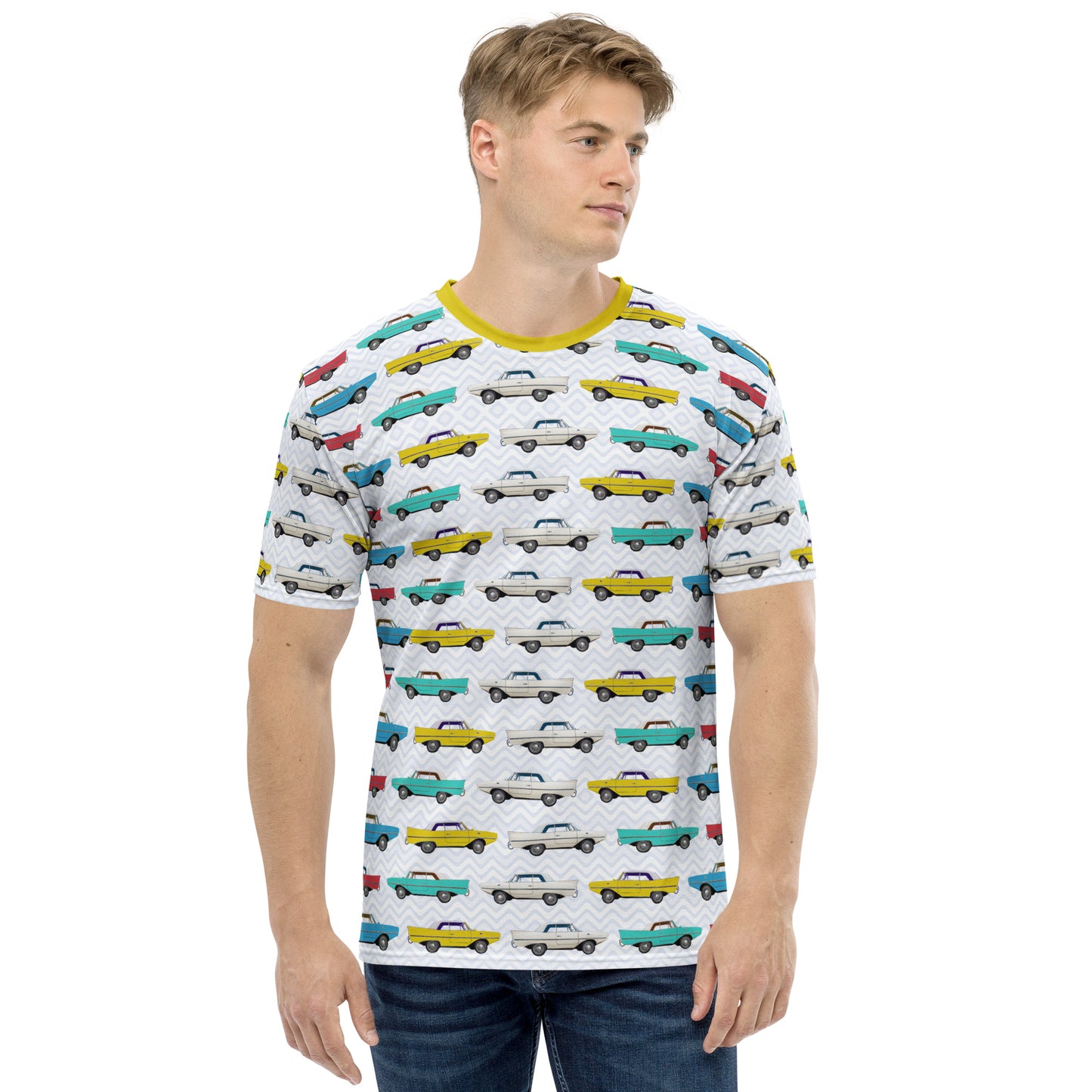 Amphicar - The Car That Swims All-over-print Yellow Collar Men's T-shirt for Swim-ins and Car Shows