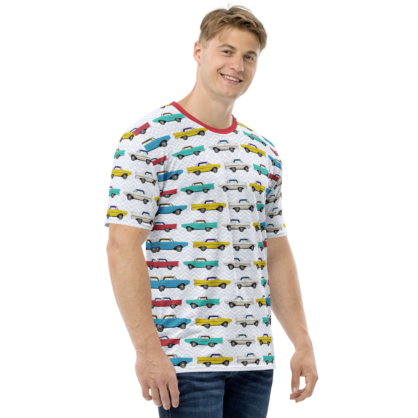 Amphicar - The Car That Swims All-over-print Red Collar Men's T-shirt for Swim-ins and Car Shows