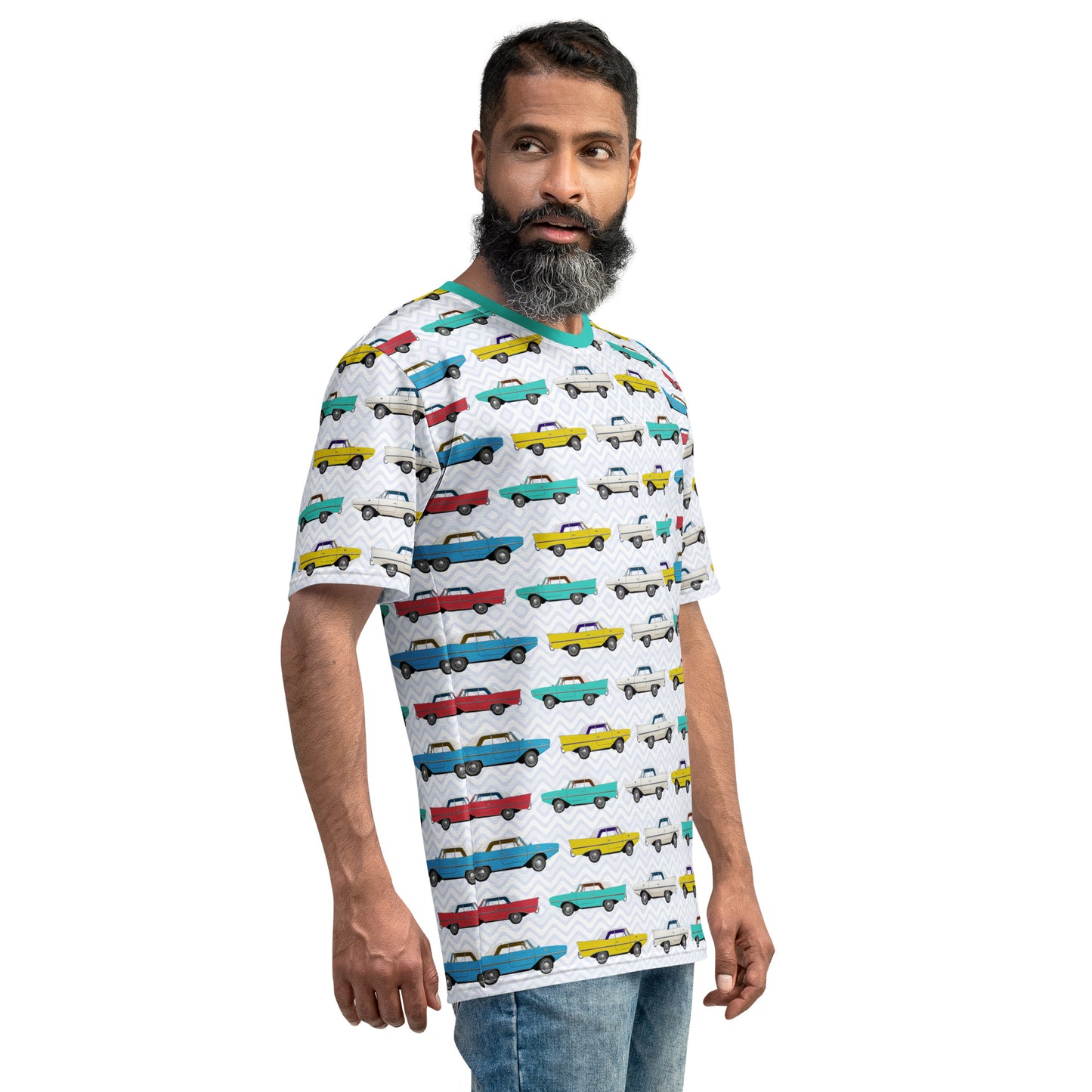 Amphicar - The Car That Swims All-over-print Turquoise Collar Men's T-shirt for Swim-ins and Car Shows