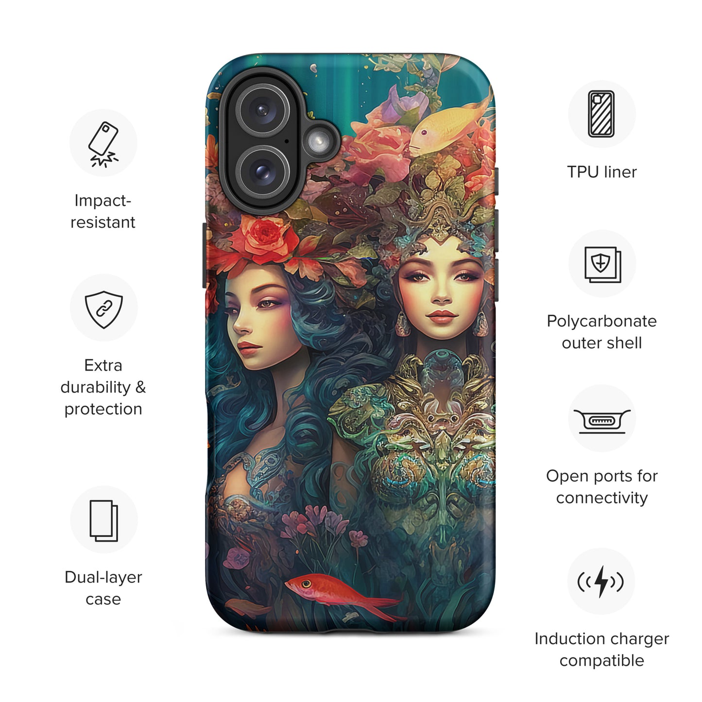 Tough Cases, Trio of Ocean Goddesses iPhone 16 Cases, Mermaid Phone Cover, Sea Life Smartphone Protector, Fish Floral Protective Shell