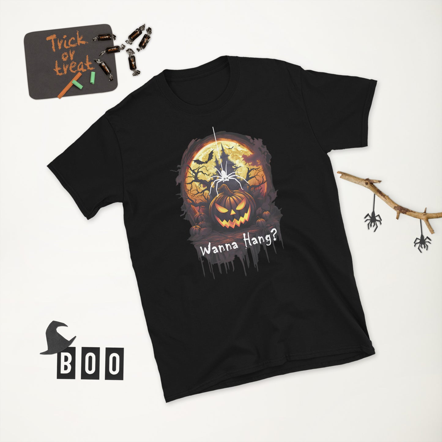 Wanna Hang? Scary Pumpkin, Haunted House, Bats and Spider Halloween Short-Sleeve Unisex T-Shirt