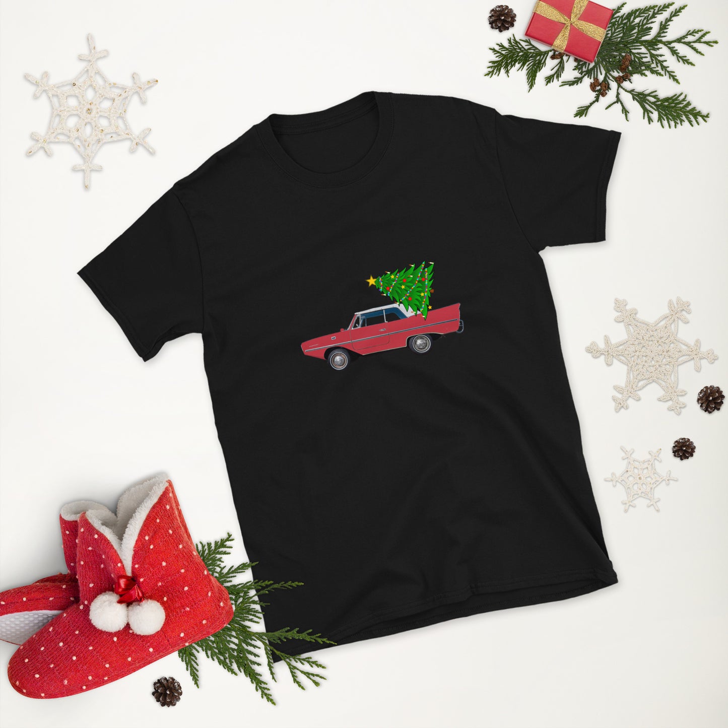 Amphicar 770 Regatta Red Amphibious Car with Christmas Tree for Car Lovers Unisex T-Shirt