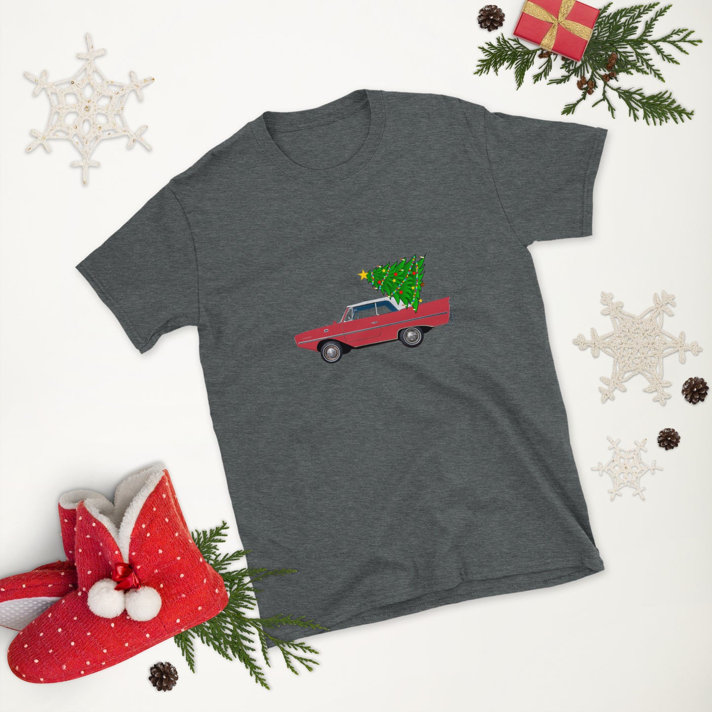 Amphicar 770 Regatta Red Amphibious Car with Christmas Tree for Car Lovers Unisex T-Shirt