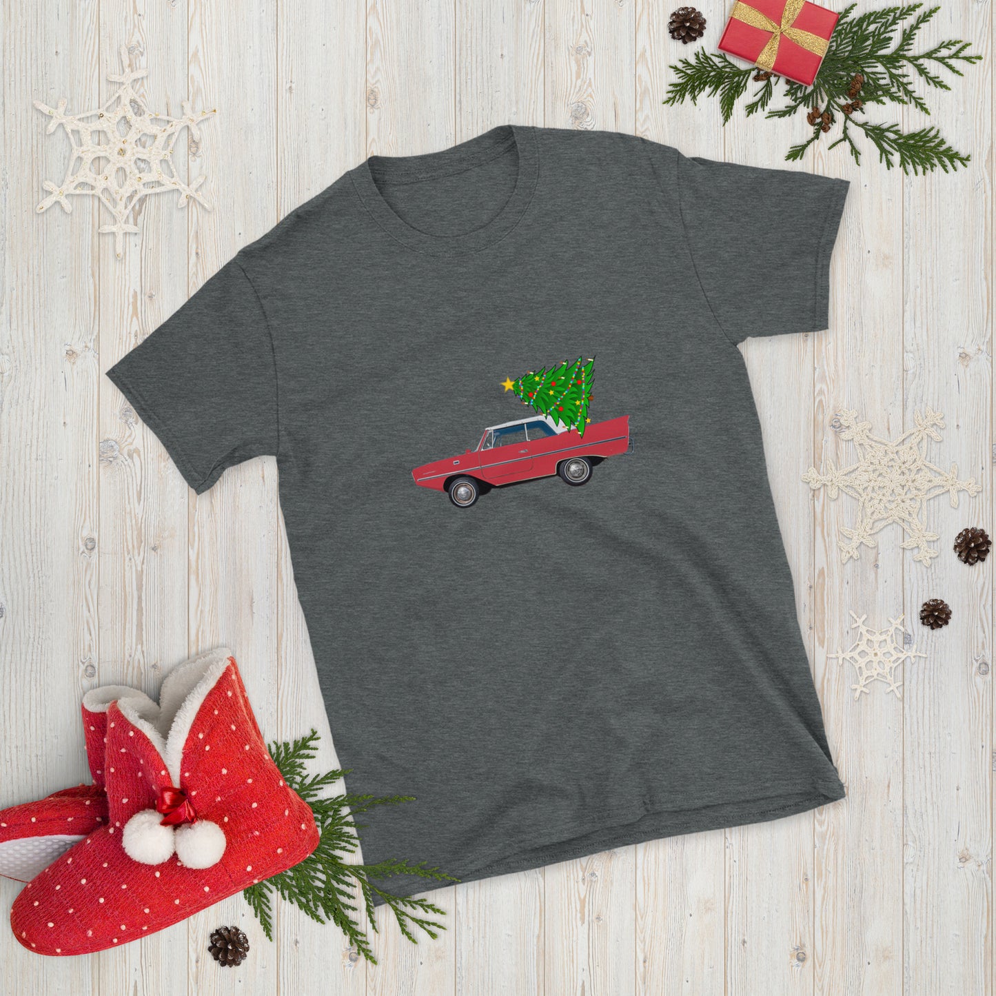 Amphicar 770 Regatta Red Amphibious Car with Christmas Tree for Car Lovers Unisex T-Shirt