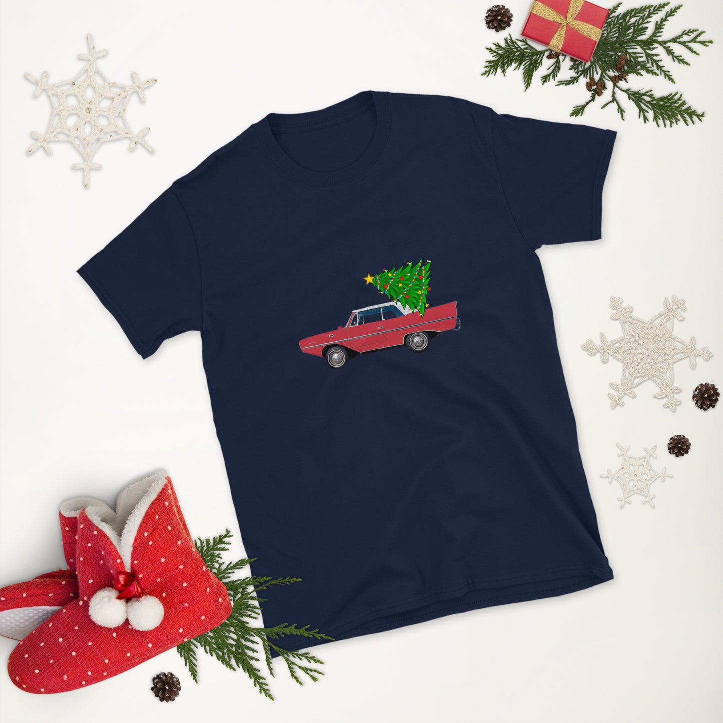 Amphicar 770 Regatta Red Amphibious Car with Christmas Tree for Car Lovers Unisex T-Shirt