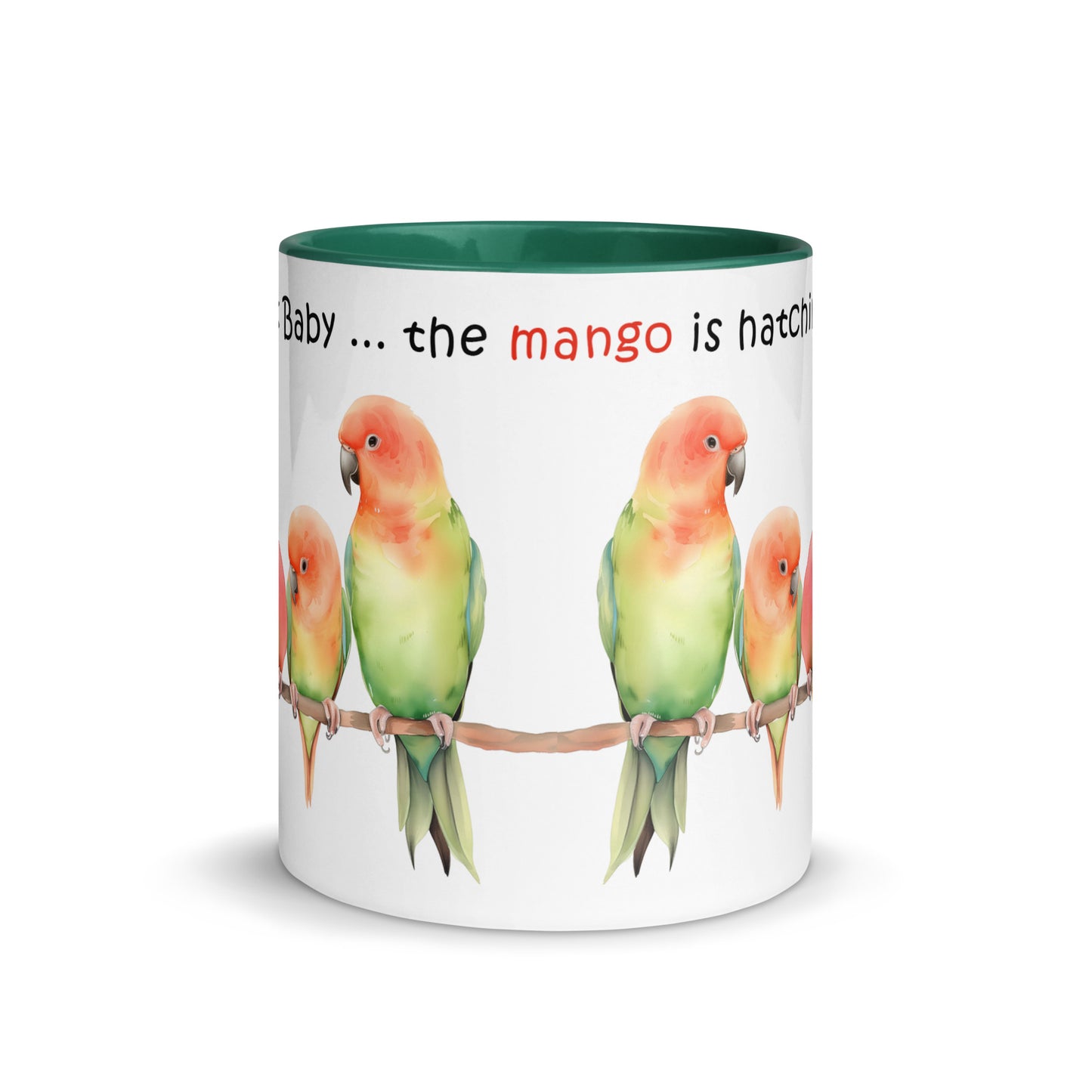 Lovebird Parents and Baby Watching Mango Hatching on a Branch - Mug 11oz