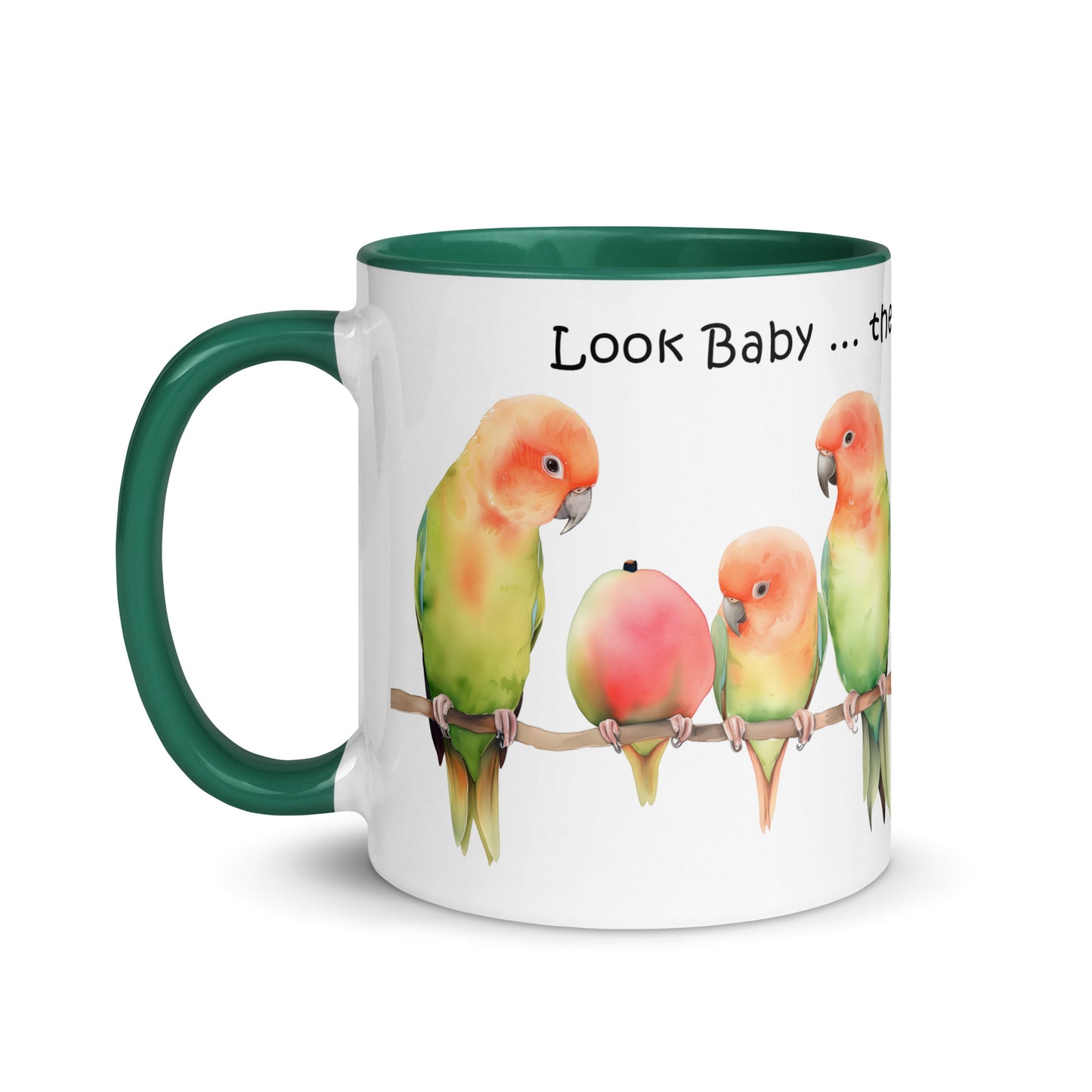 Lovebird Parents and Baby Watching Mango Hatching on a Branch - Mug 11oz