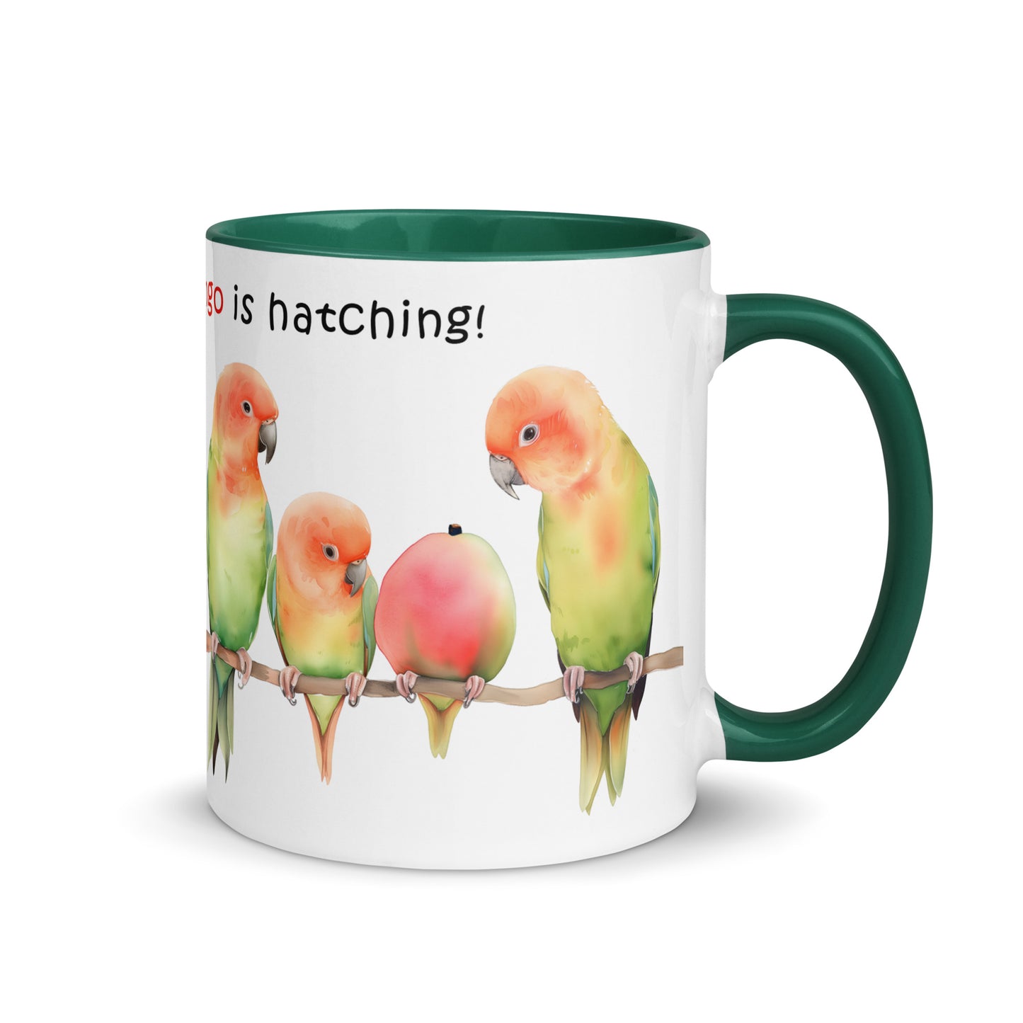 Lovebird Parents and Baby Watching Mango Hatching on a Branch - Mug 11oz