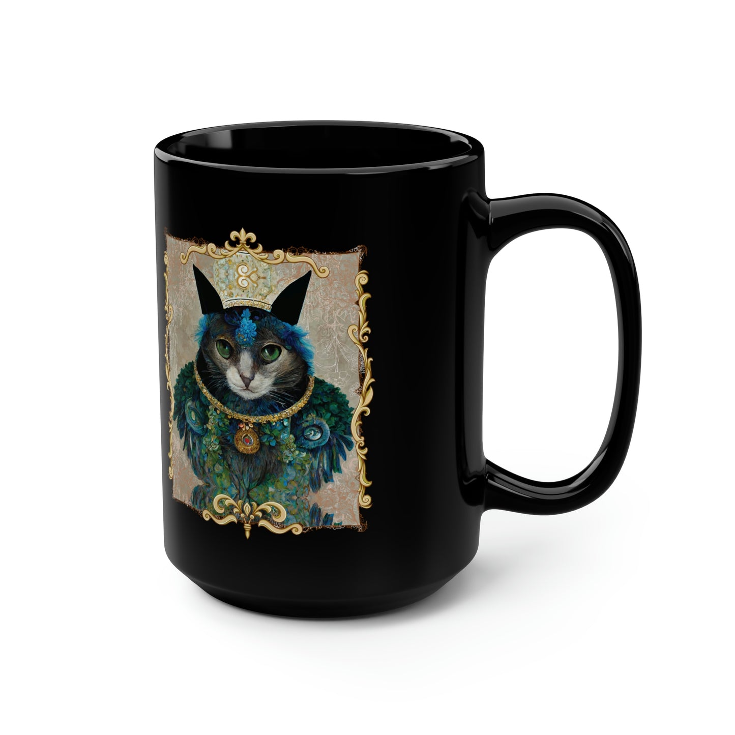 King Cat Royalty Cat Lover Gift, Cute Cup With Peacock Feather Collar Pet Portrait Black Mug, 15oz