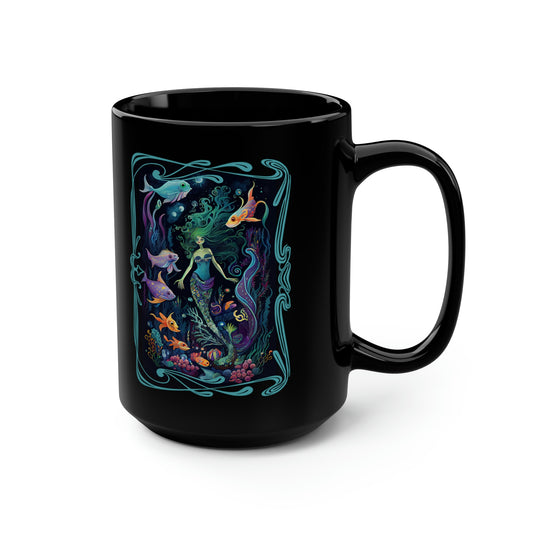 Mermaid Garden Mermaidcore Fairycore Underwater Ocean - Black Coffee or Tea Mug, 15oz