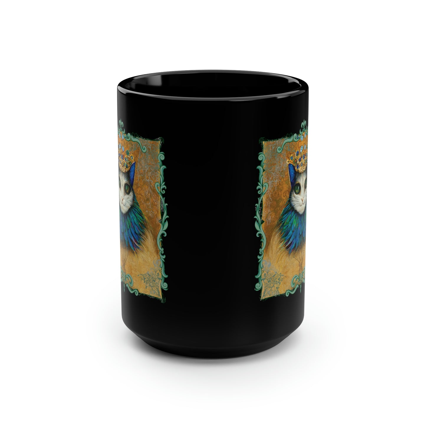 Cat King Royalty Wearing Peacock Feather Collar Black Mug, 15oz