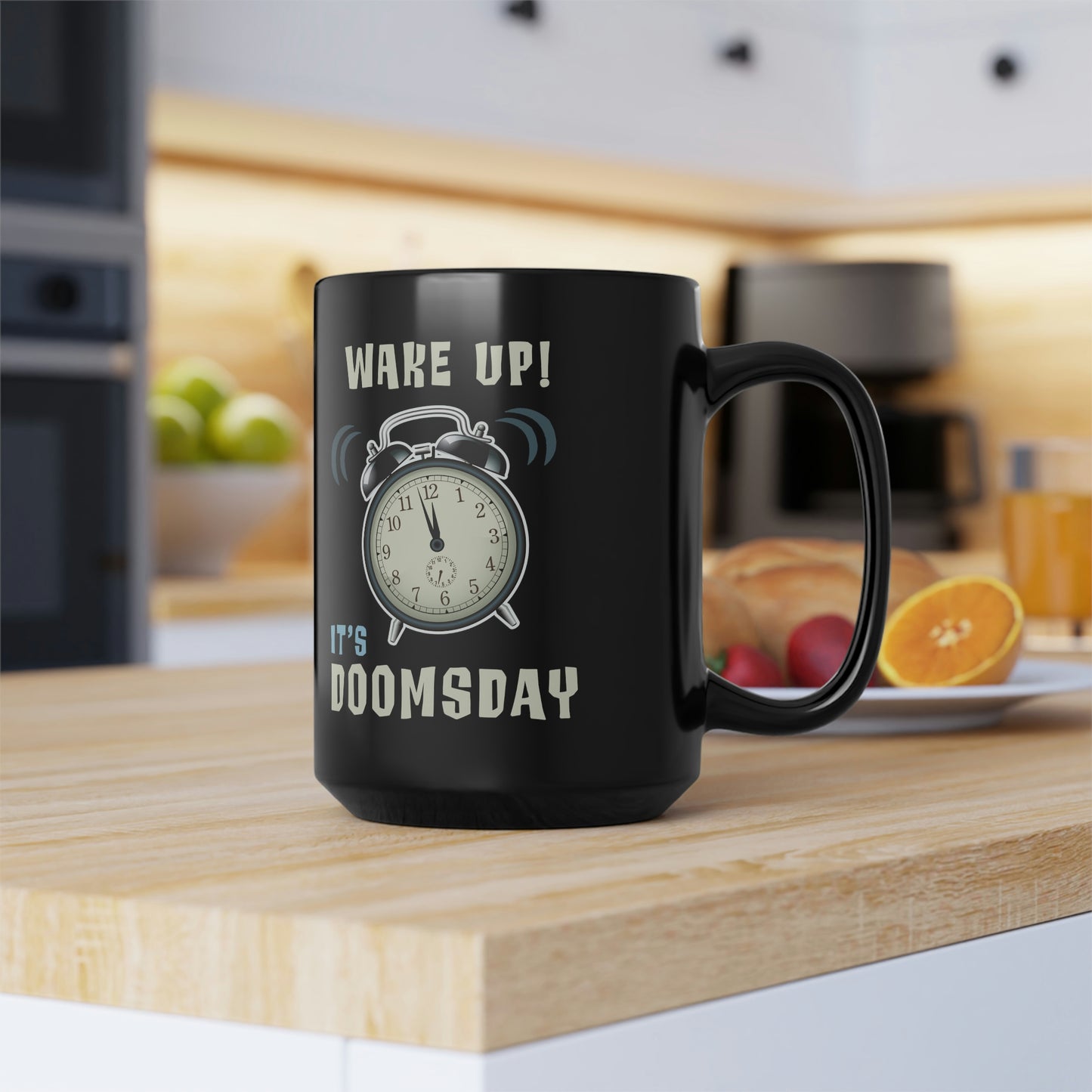 Wake Up! It's Doomsday Clock, Funny Nerdy Geeky Gift, Vintage SciFi Art on Black Mug, 15 oz