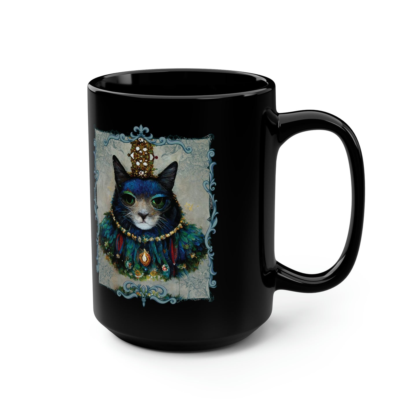 King of Castle Cat Royalty With Crown Jewels and Peacock Feathers Costume, Cat Portrait Black Mug, 15 oz