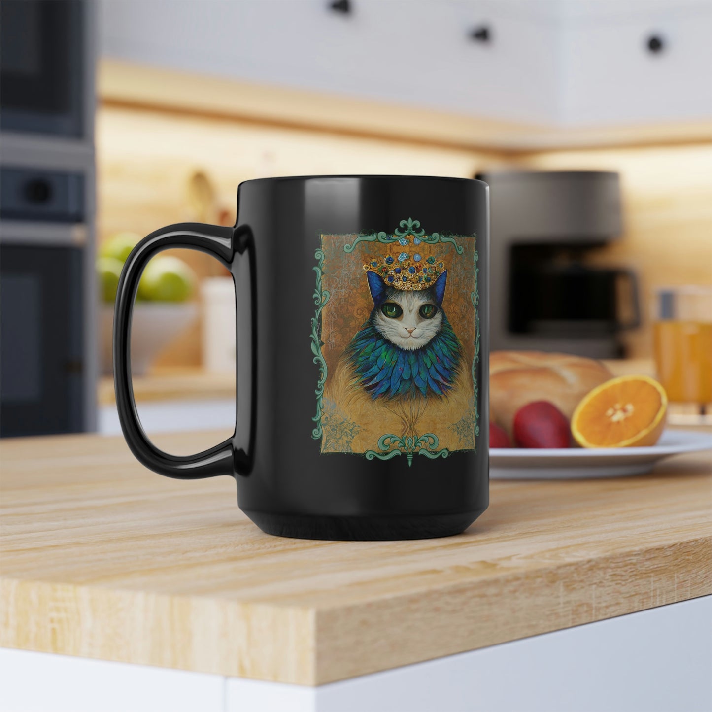 Cat King Royalty Wearing Peacock Feather Collar Black Mug, 15oz