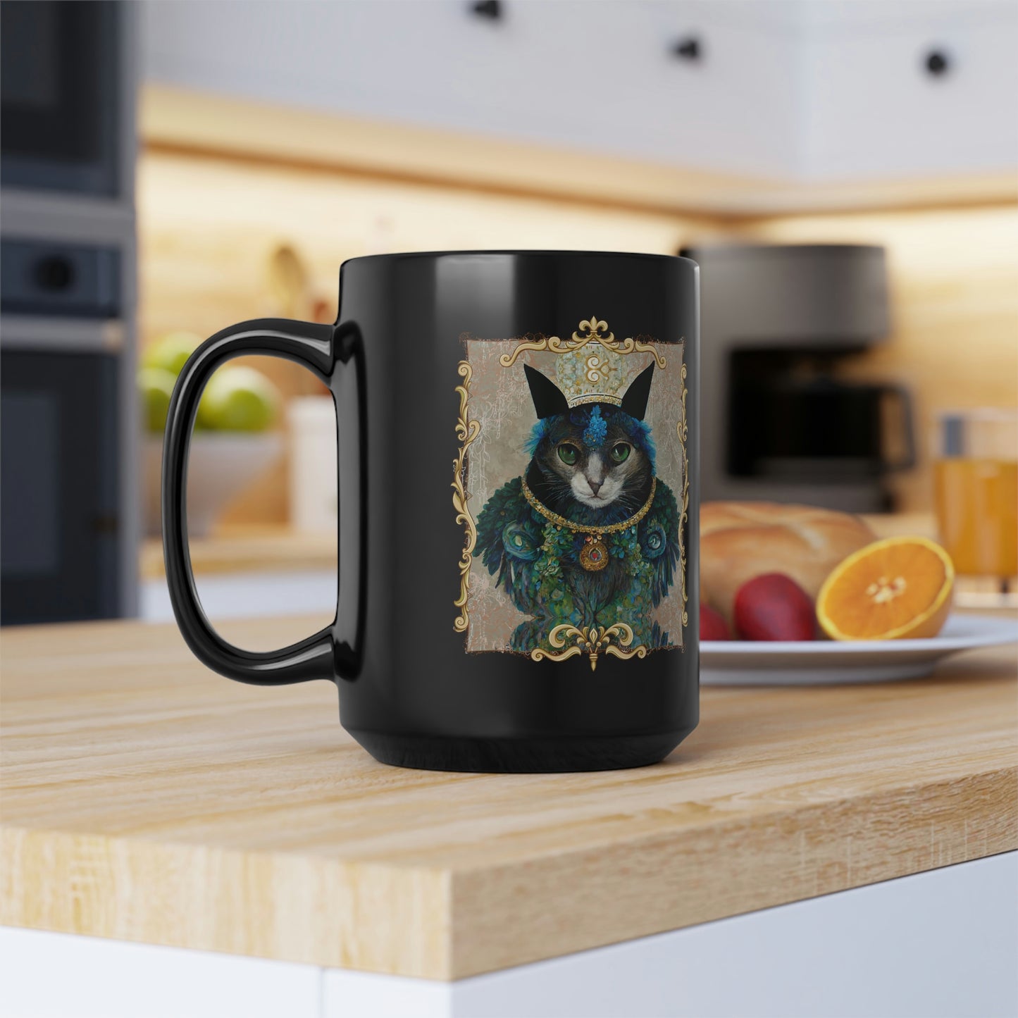 King Cat Royalty Cat Lover Gift, Cute Cup With Peacock Feather Collar Pet Portrait Black Mug, 15oz