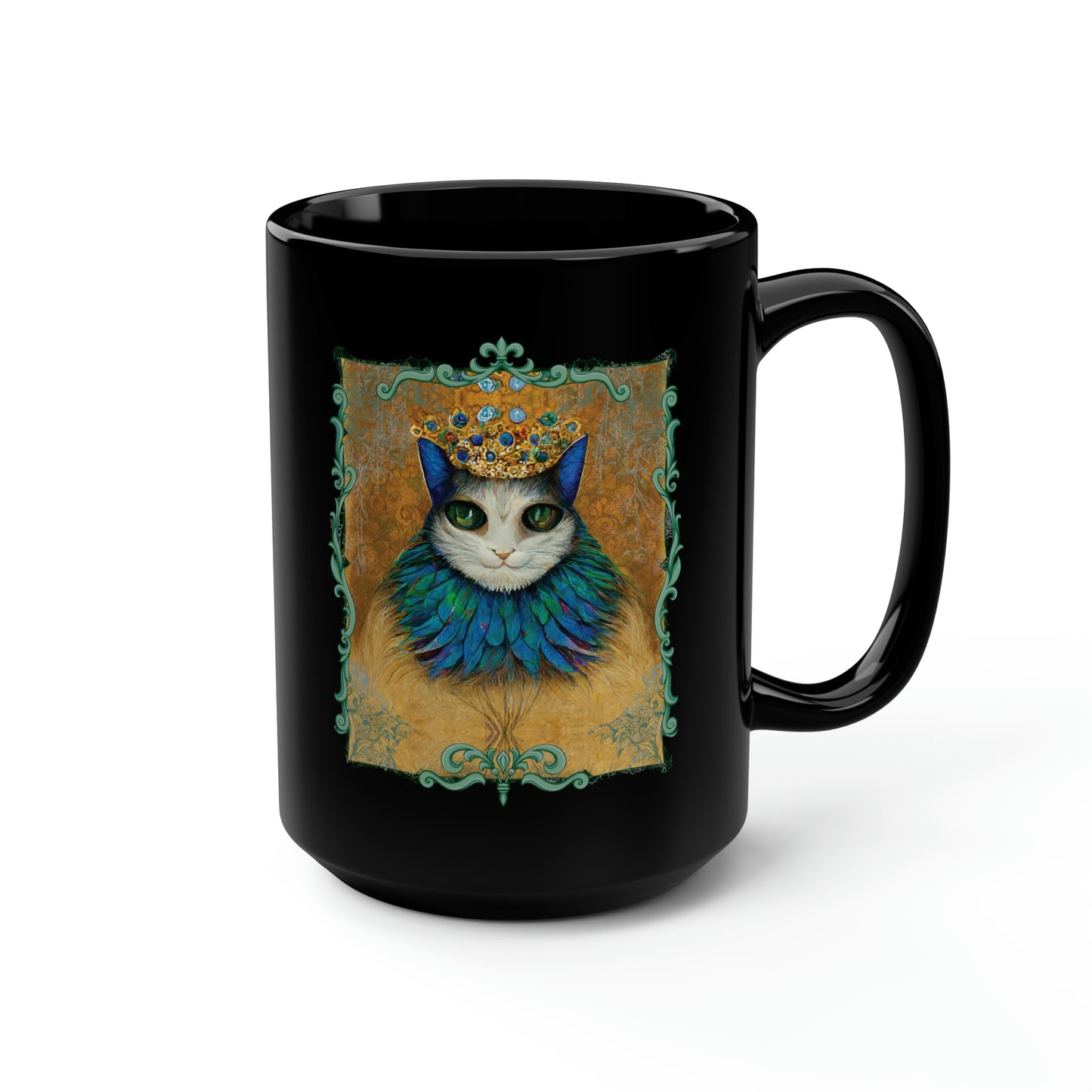 Cat King Royalty Wearing Peacock Feather Collar Black Mug, 15oz