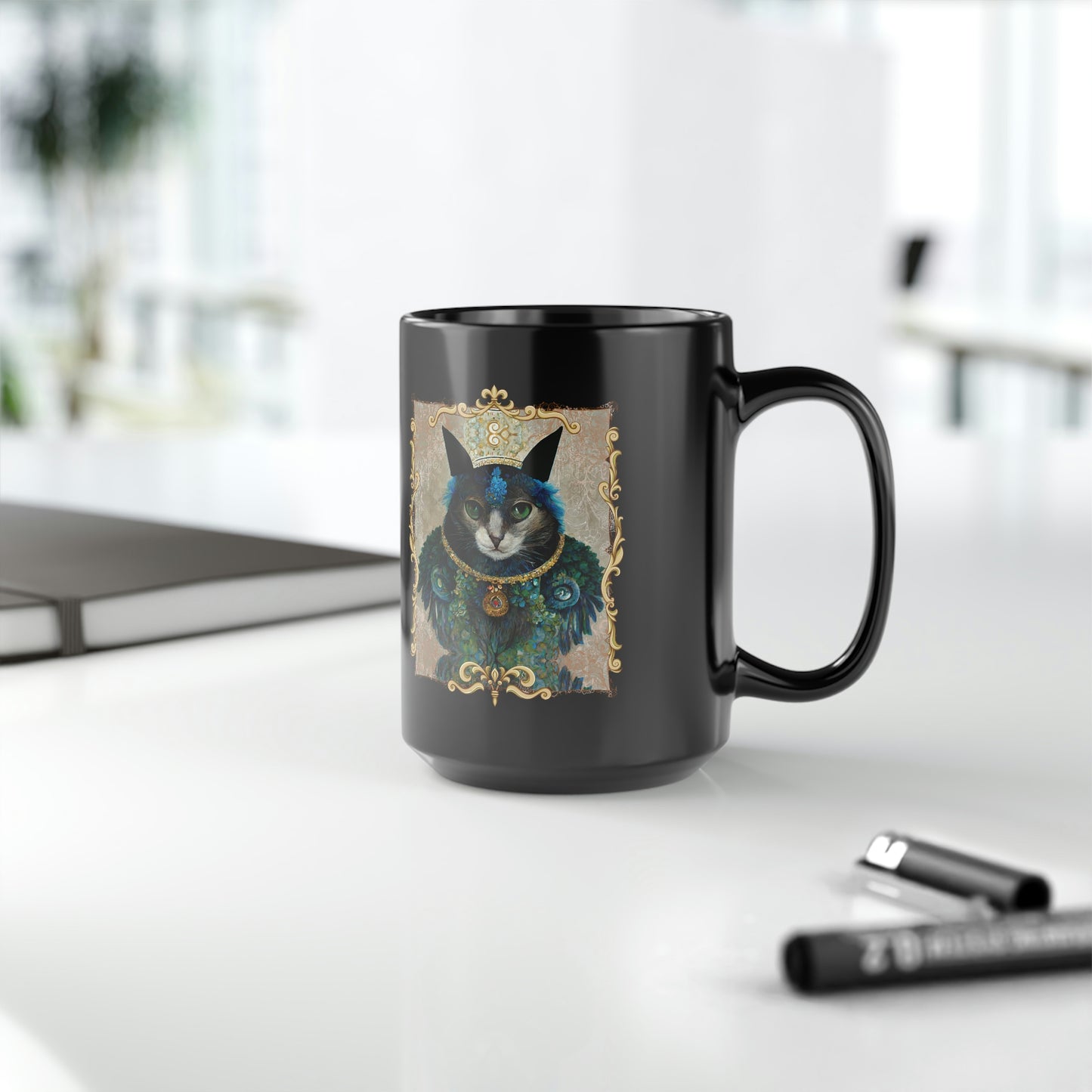 King Cat Royalty Cat Lover Gift, Cute Cup With Peacock Feather Collar Pet Portrait Black Mug, 15oz