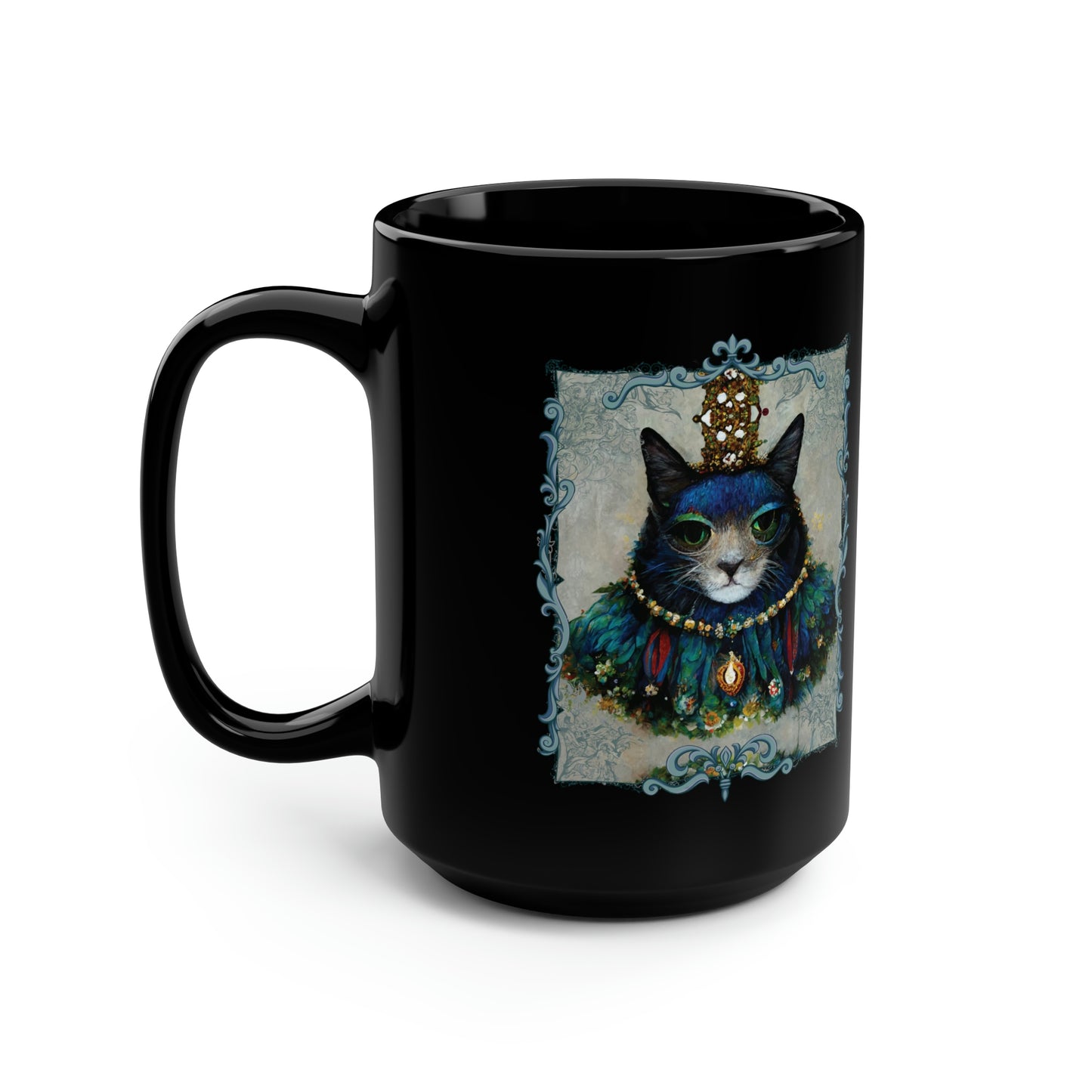 King of Castle Cat Royalty With Crown Jewels and Peacock Feathers Costume, Cat Portrait Black Mug, 15 oz