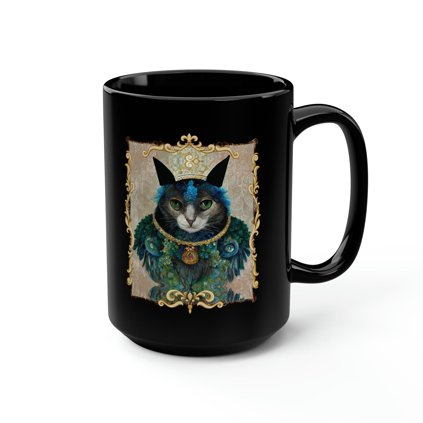 King Cat Royalty Cat Lover Gift, Cute Cup With Peacock Feather Collar Pet Portrait Black Mug, 15oz