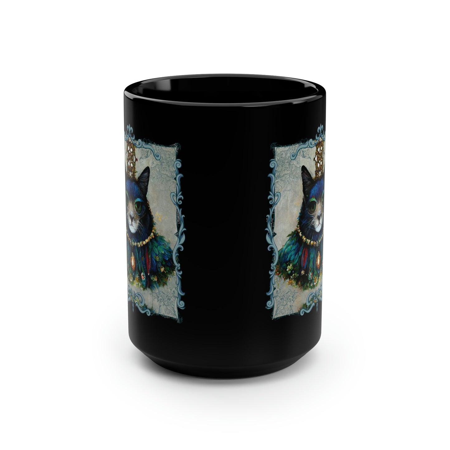 King of Castle Cat Royalty With Crown Jewels and Peacock Feathers Costume, Cat Portrait Black Mug, 15 oz