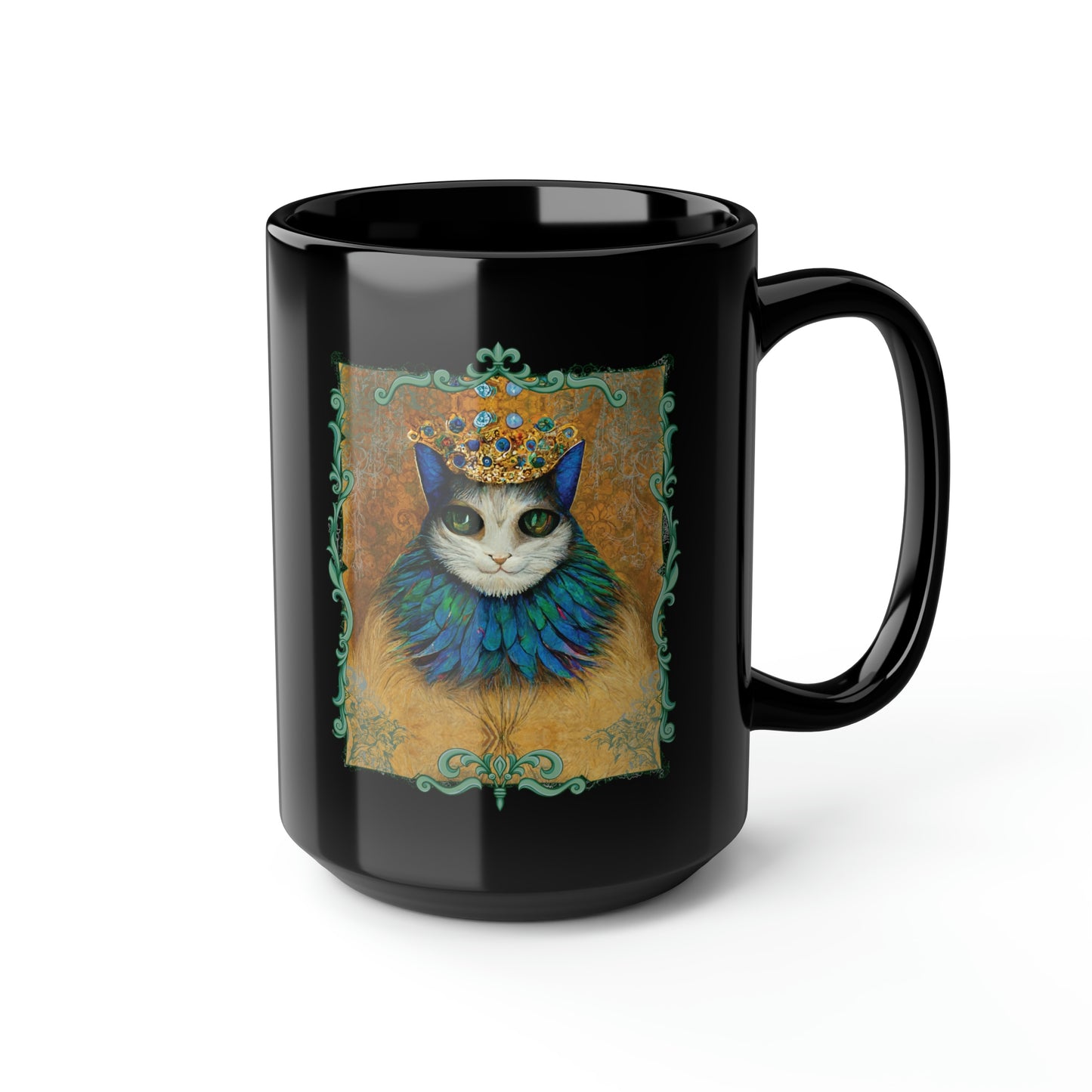 Cat King Royalty Wearing Peacock Feather Collar Black Mug, 15oz