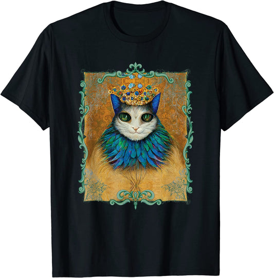 Cat King Royalty Wearing Peacock Feather Collar Gold Blue Green Costume T-Shirt