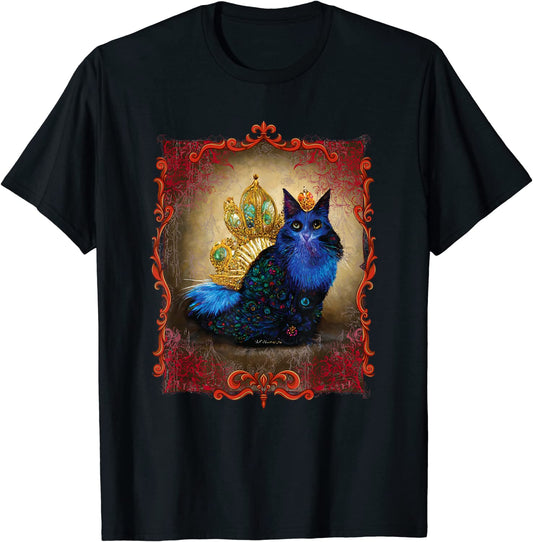 Cat King Royalty Wearing Peacock Feathers Blue and Red Costume T-Shirt