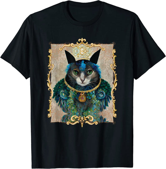 Renaissance Cat with Crown Royalty Peacock Feathers Portrait T-Shirt