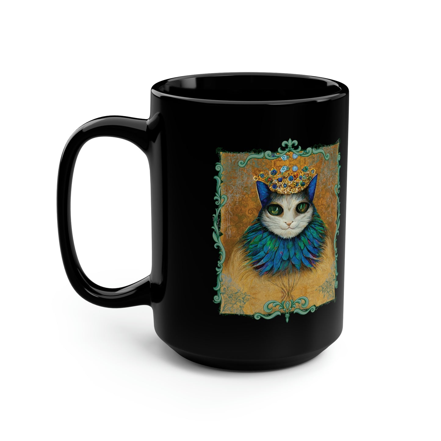 Cat King Royalty Wearing Peacock Feather Collar Black Mug, 15oz