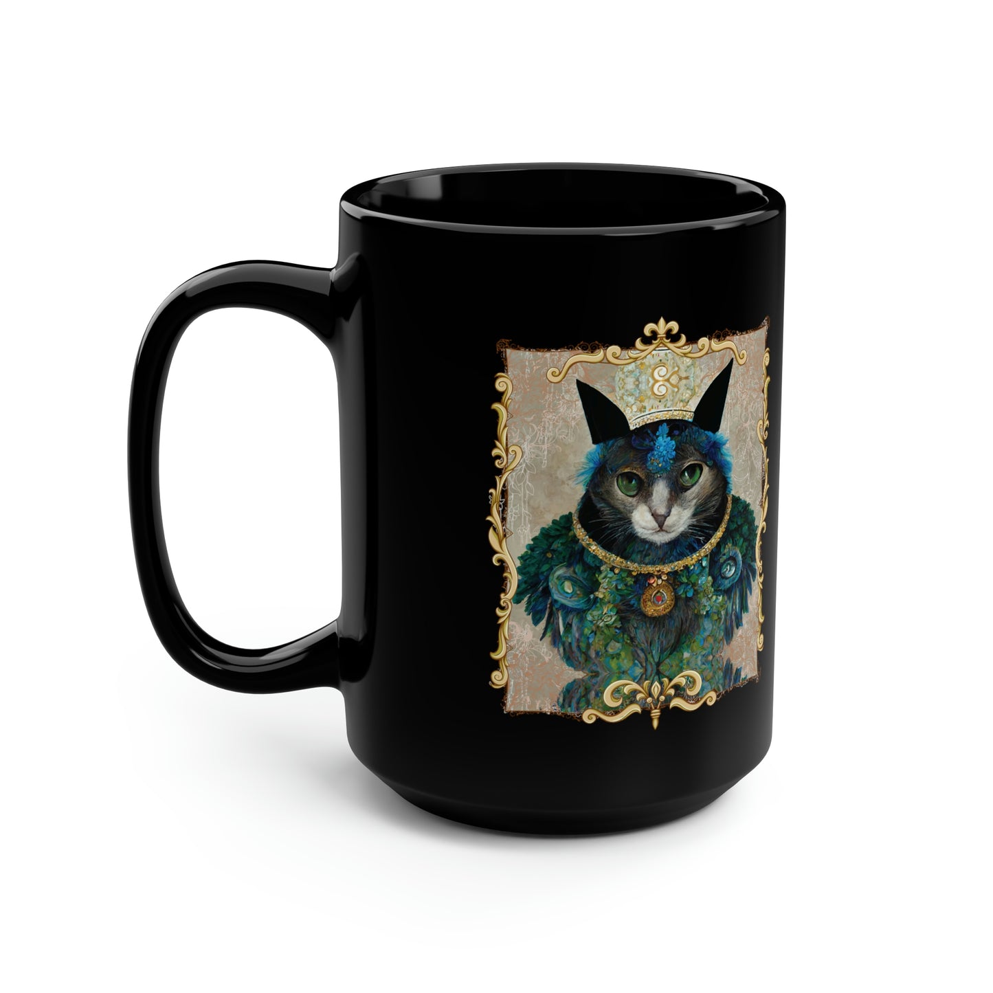 King Cat Royalty Cat Lover Gift, Cute Cup With Peacock Feather Collar Pet Portrait Black Mug, 15oz