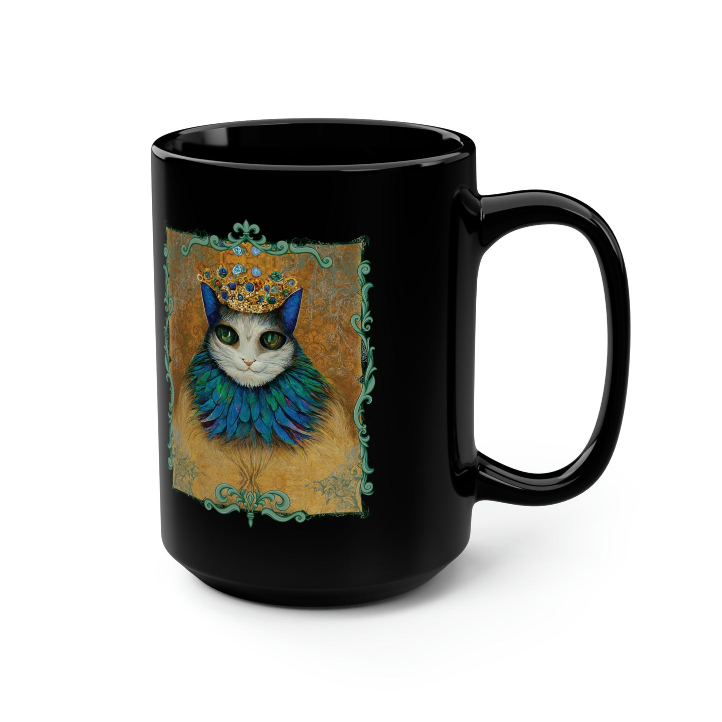 Cat King Royalty Wearing Peacock Feather Collar Black Mug, 15oz