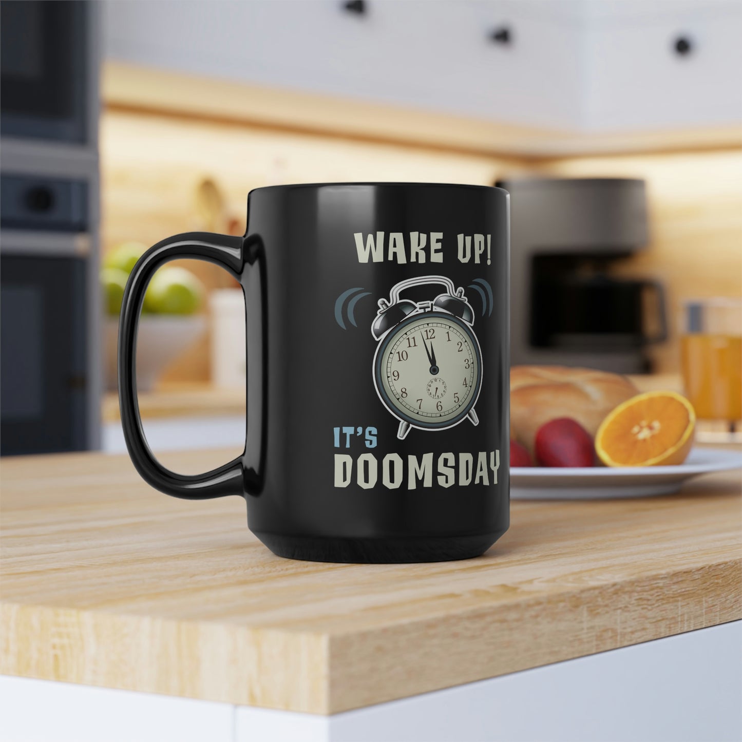 Wake Up! It's Doomsday Clock, Funny Nerdy Geeky Gift, Vintage SciFi Art on Black Mug, 15 oz