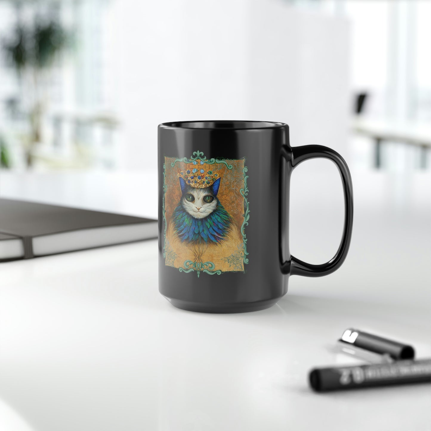 Cat King Royalty Wearing Peacock Feather Collar Black Mug, 15oz