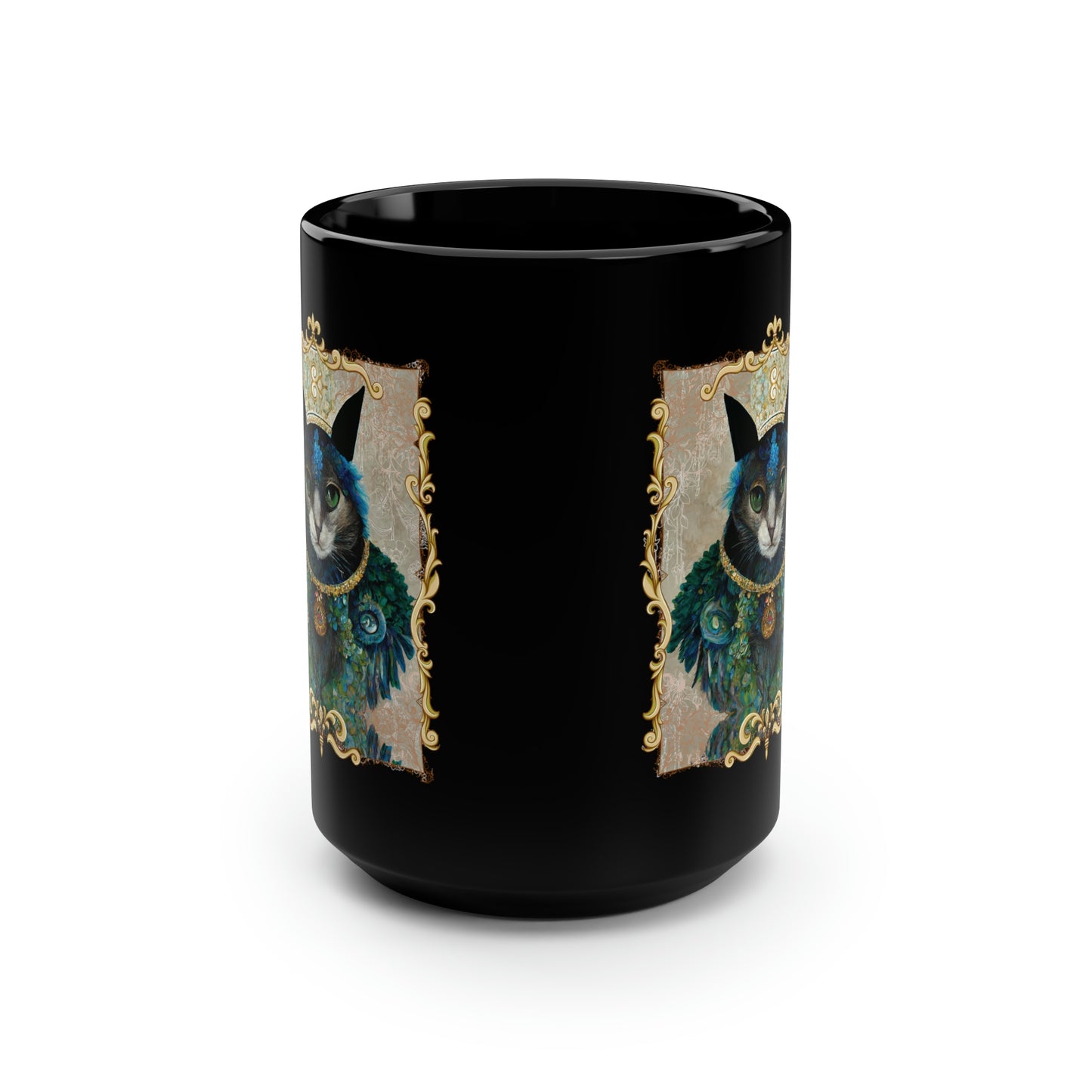 King Cat Royalty Cat Lover Gift, Cute Cup With Peacock Feather Collar Pet Portrait Black Mug, 15oz