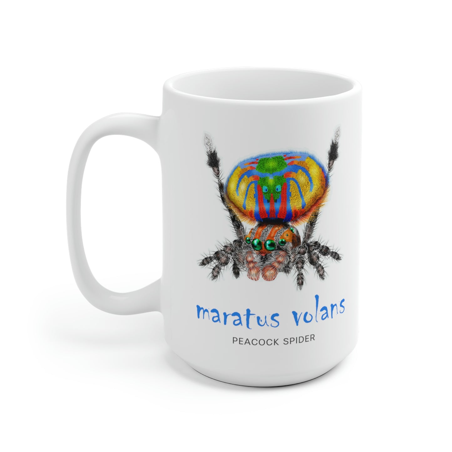 Maratus Volans Peacock Jumping Spider Mug,  White Ceramic,15 oz