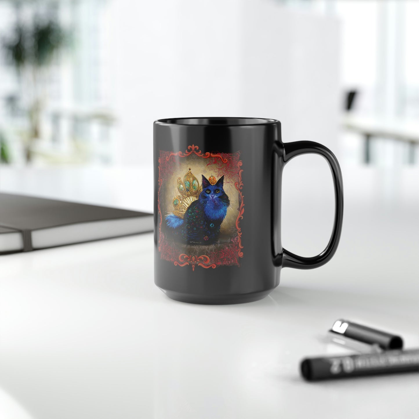 Blue Cat Lover Gift, Cat Portrait Cute coffee Mug, Royal Pet Portrait Gift for Cat Lovers 15 oz Black