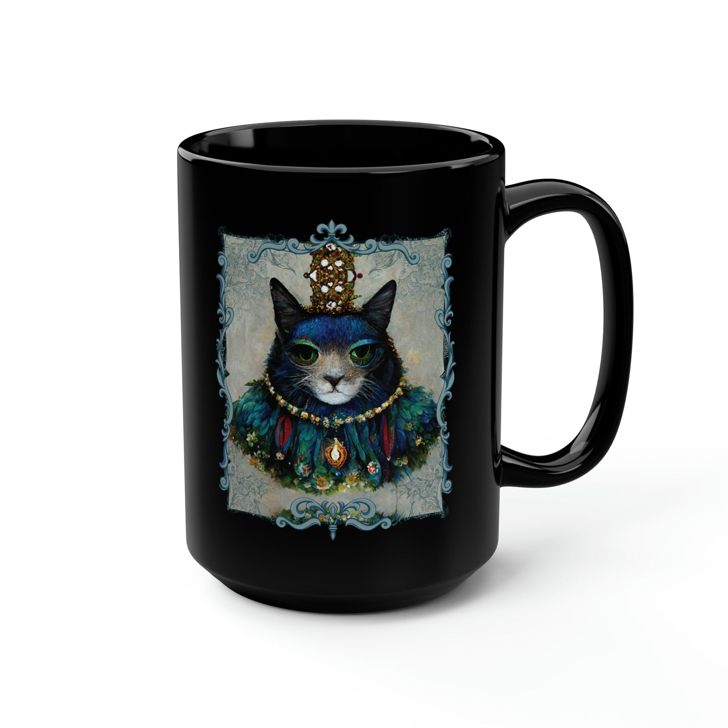 King of Castle Cat Royalty With Crown Jewels and Peacock Feathers Costume, Cat Portrait Black Mug, 15 oz