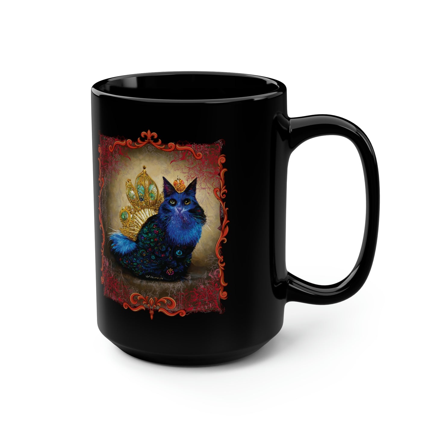 Blue Cat Lover Gift, Cat Portrait Cute coffee Mug, Royal Pet Portrait Gift for Cat Lovers 15 oz Black