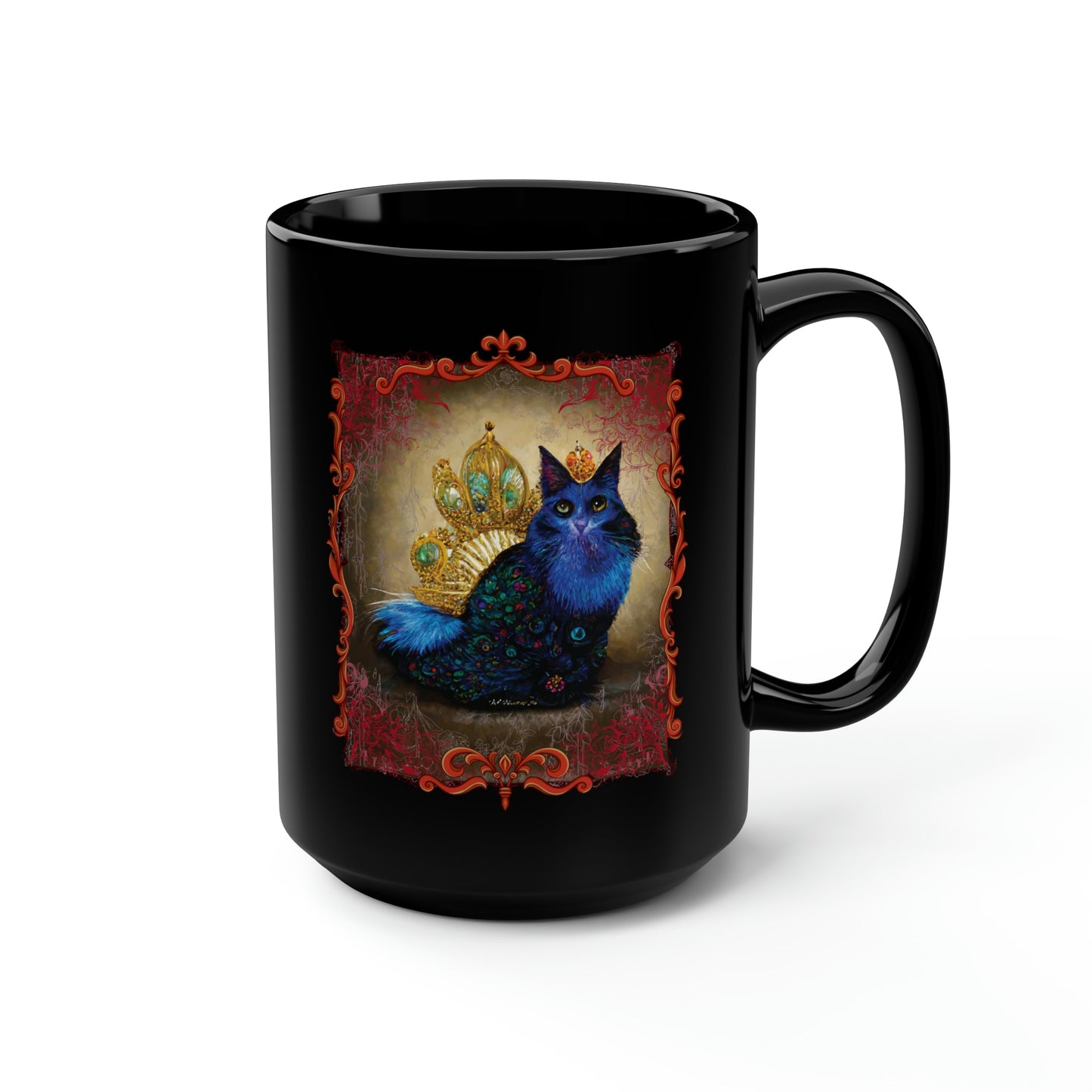 Blue Cat Lover Gift, Cat Portrait Cute coffee Mug, Royal Pet Portrait Gift for Cat Lovers 15 oz Black